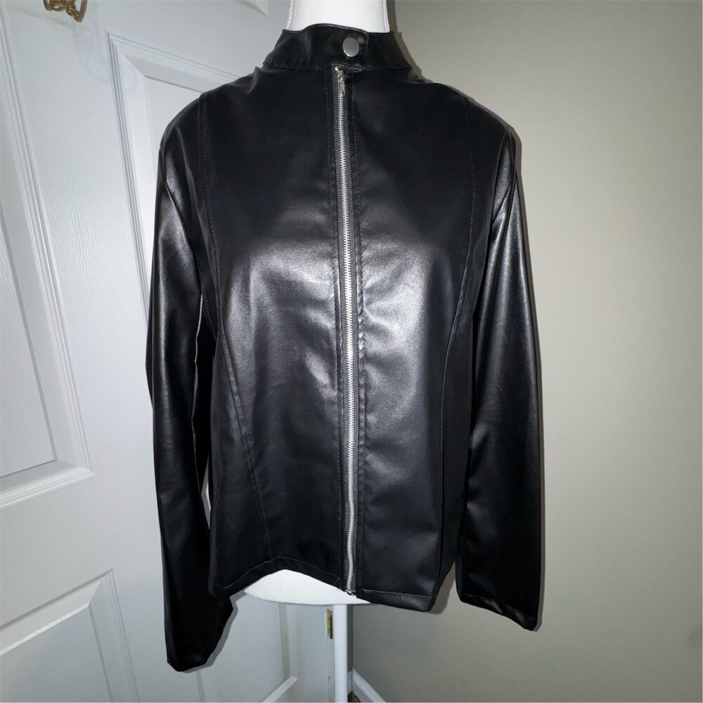 Womens Black Faux Leather Moto Jacket Zip-Up‎ Long Sleeve Size L